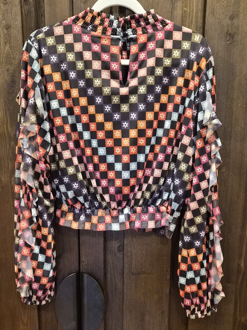 Farm Rio Women's Multicolor Checkered Long-Sleeve Top - Smocked Neck - Picture 4 of 4